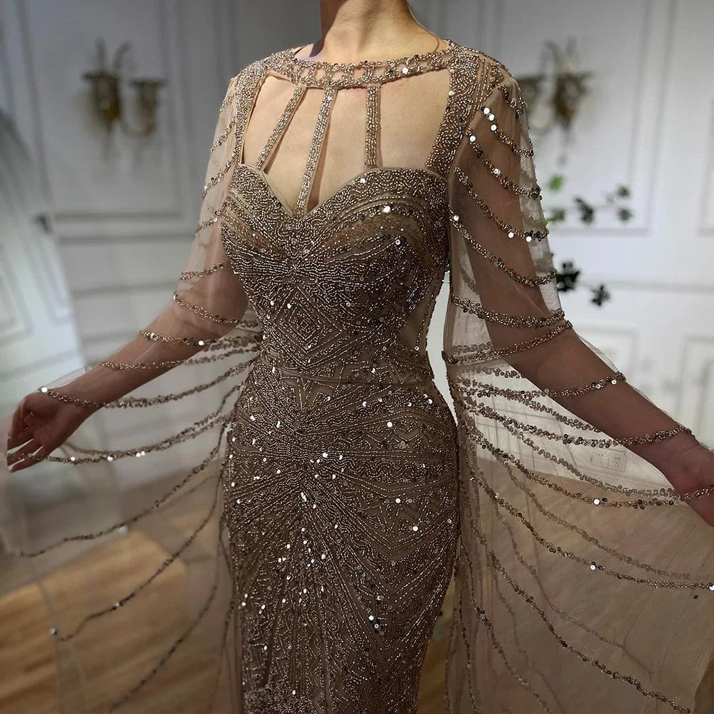 2025 Arabic Caramel Mermaid Evening Dress with Beaded Elegant Cape Sleeves Gown for Formal Occasion LA72708