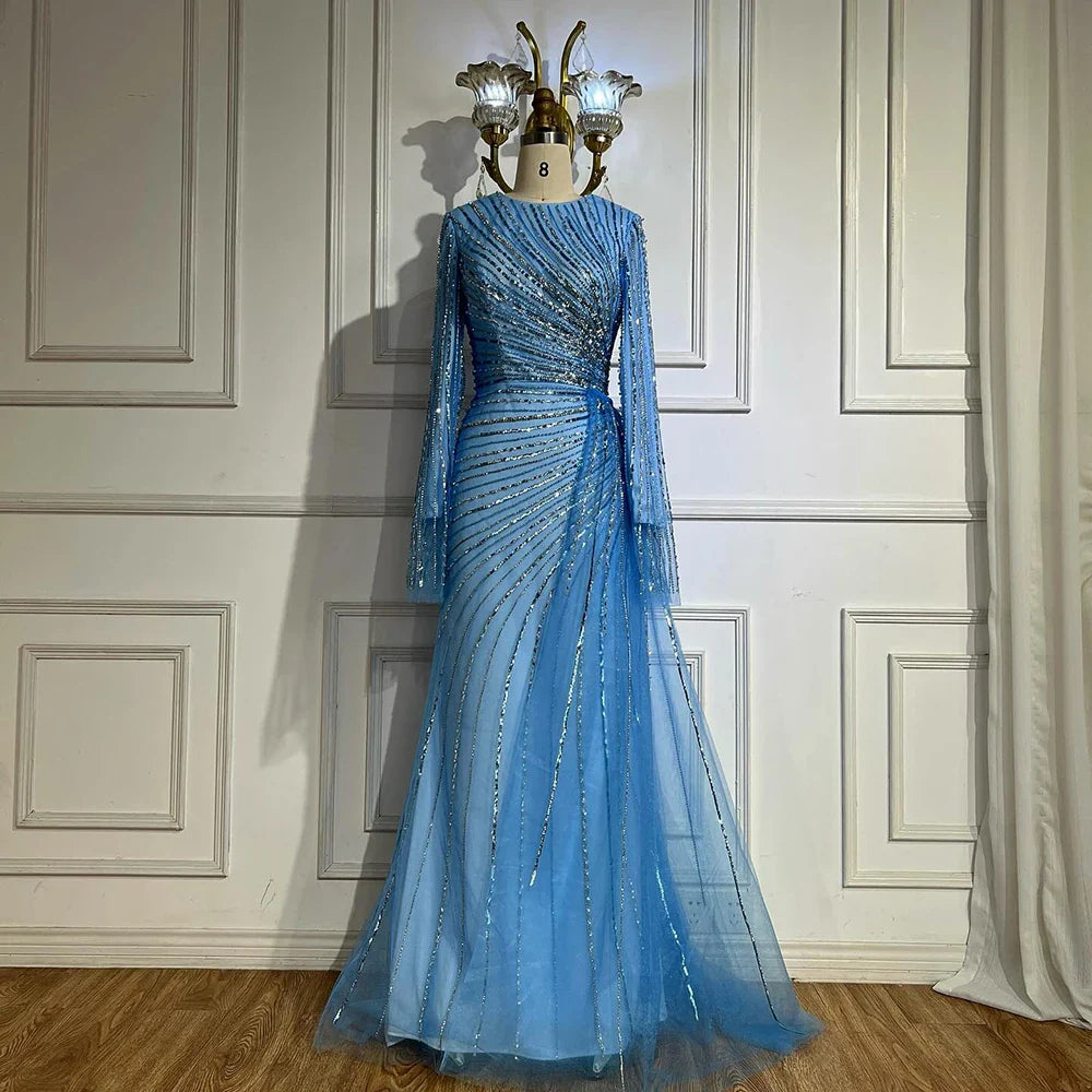 2025  Arabic Elegant Blue Beaded Saudi Evening Dresses Gowns for Formal Occasion LA72822