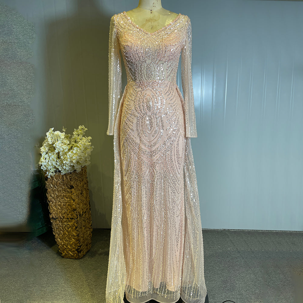 Moslim Perzik Overrok Avond Jurken 2025 Luxe Kralen Elegant Mermaid Für Frauen Party LA71494 