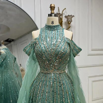 2025 Arabic Turquoise Cape Sleeves A-Line Beaded Feathers Long Evening Gowns for Women Wedding Party LA72644