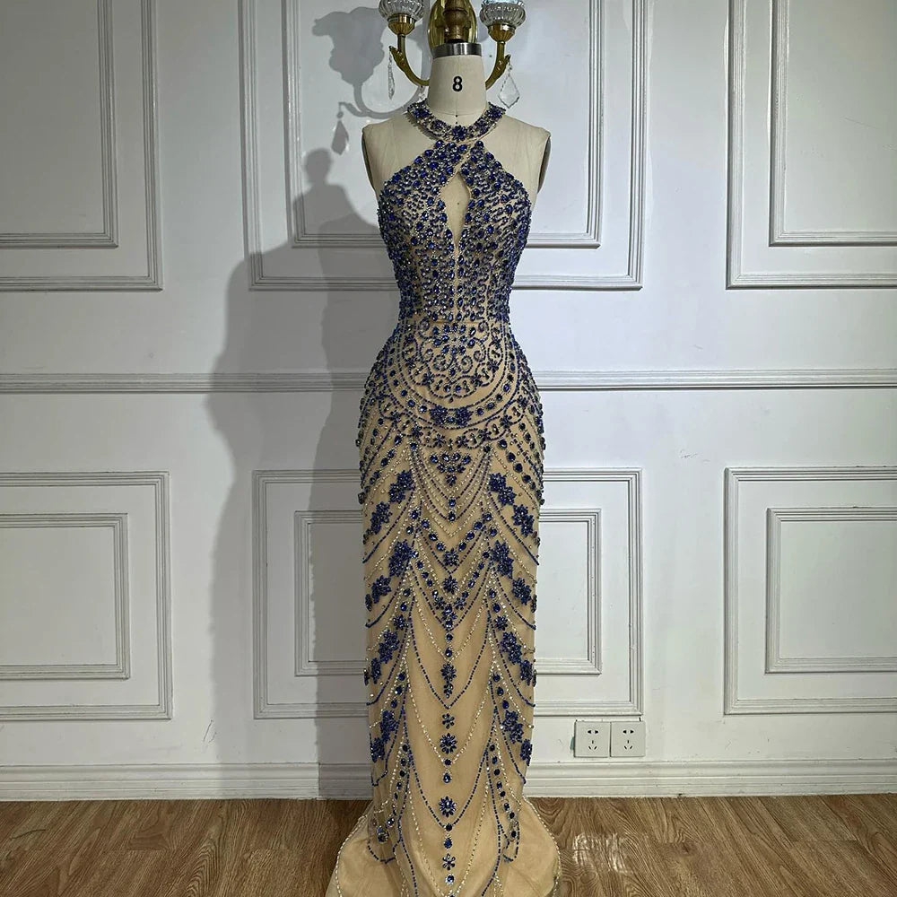 2025 Elegant Blue Saudi Arabic Halter Neck Evening Gown Crystal Beaded Dress for Formal Occasion LA72760