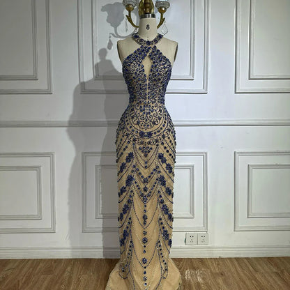 2025 Elegant Blue Saudi Arabic Halter Neck Evening Gown Crystal Beaded Dress for Formal Occasion LA72760