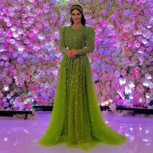 Grünes Meerjungfrauen-Abendkleid mit Perlenbesatz und Rockärmeln LA71762 