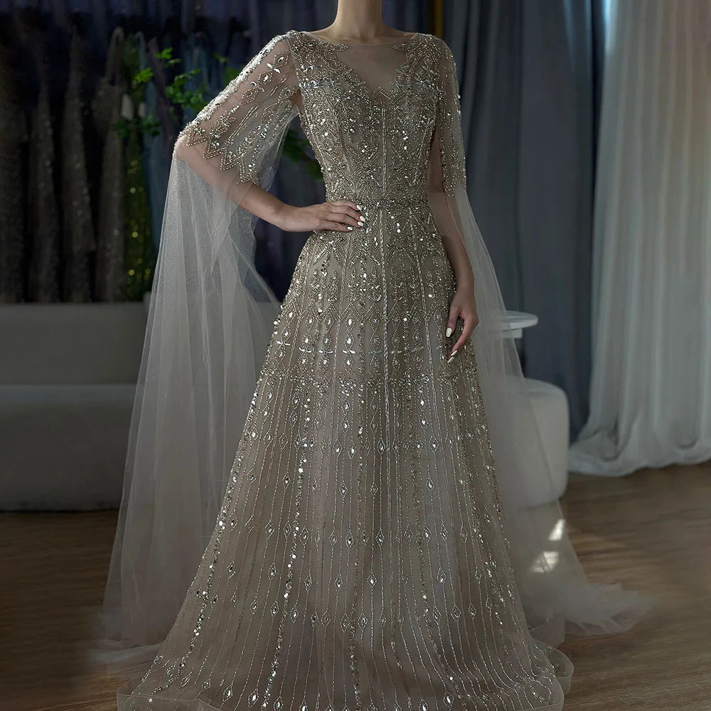 Luxuriöses blaues Abendkleid mit Cape-Ärmeln LA72666