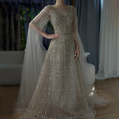 Luxuriöses blaues Abendkleid mit Cape-Ärmeln LA72666