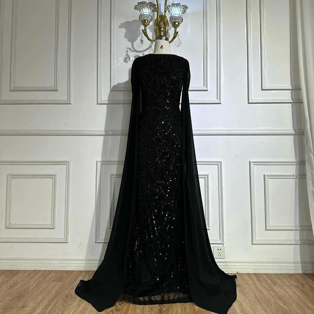2025 Saudi Arabia Blue Mermaid Cape Sleeve Luxury Beaded Evening Gown for Formal Occasion LA72160A