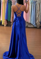 Vestido de fiesta de satén tipo sirena azul árabe con tirantes finos y fruncido, estilo seda, para mujer, LA72682 