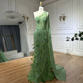 2025 Arabic Green One Shoulder Beaded Feathers Luxury Evening Gowns with Side Cape Shawl for Women's Party LA72698