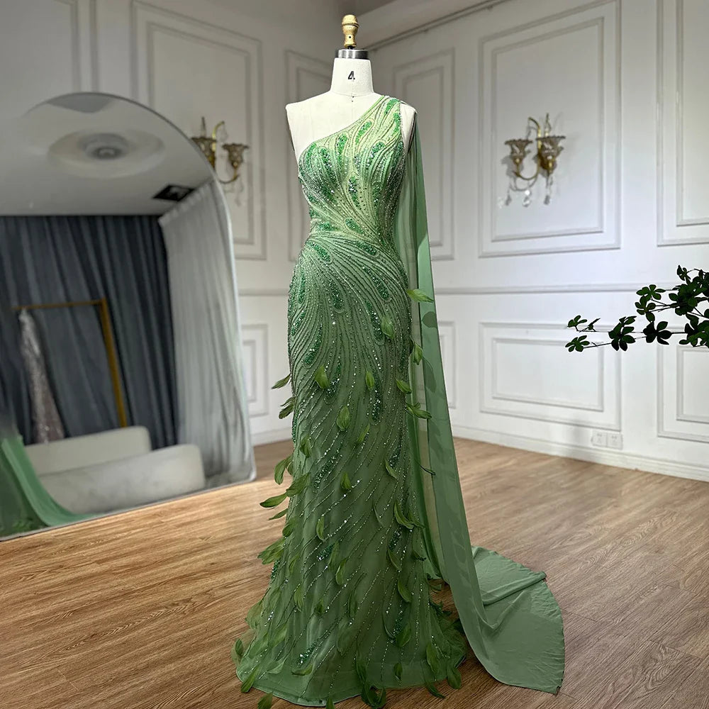2025 Arabic Green One Shoulder Beaded Feathers Luxury Evening Gowns with Side Cape Shawl for Women's Party LA72698