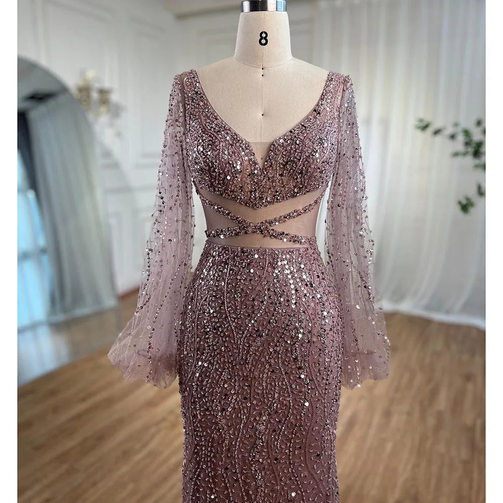 Sexy Mint Mermaid Elegante V-ausschnitt Perlen Luxus Arabisch Shiny Abendkleider Kleider Für Frauen Party 2025 LA71784 