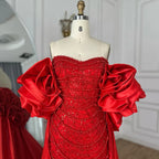 Vestido de noche largo estilo sirena con perlas y capa roja, ideal para ocasiones formales (2025, LA72585A) 