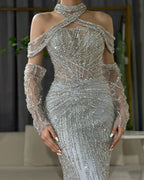 2025 Arabic Gray Decorative Halter Mermaid Luxury Dubai Evening Gown Beaded Dress for Women's Party LA72651