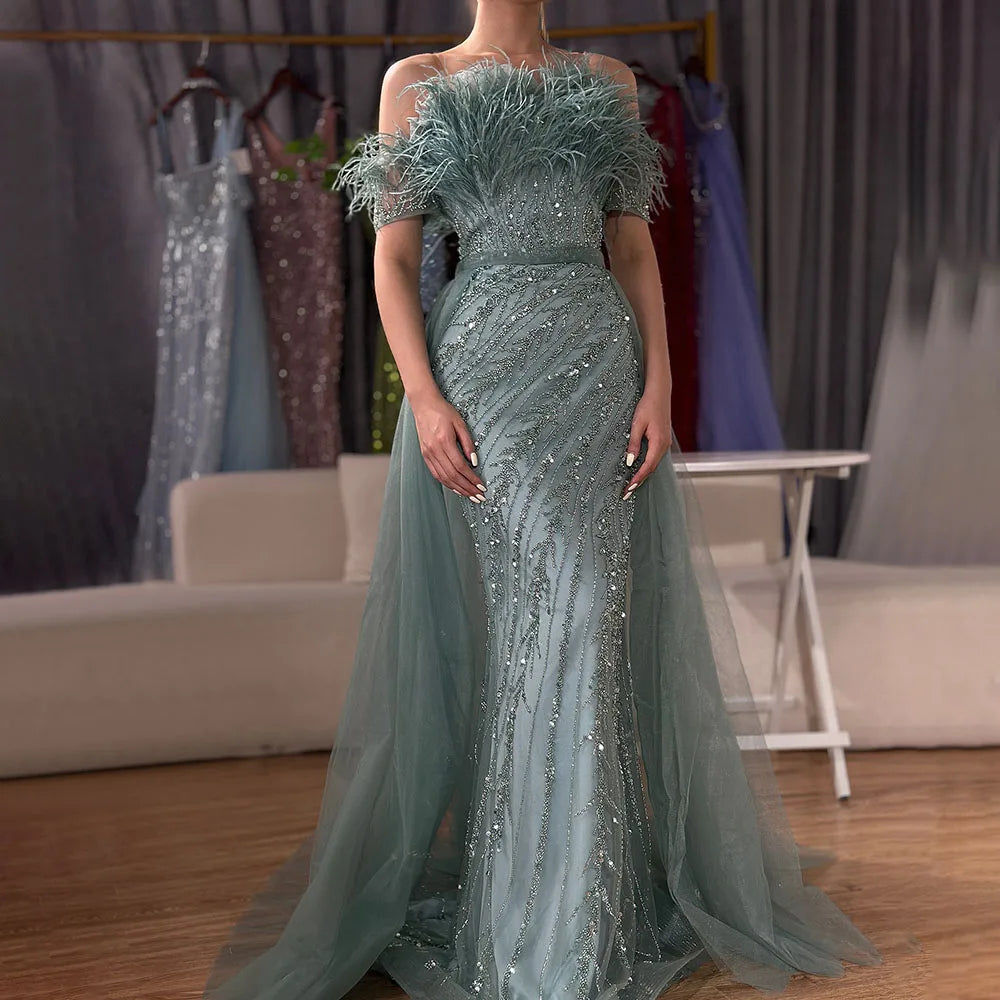 Vestido de noche elegante de sirena color caramelo con cuentas de Arabia Saudita 2025, con sobrefalda para ocasiones formales LA71634A 