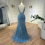 Vestido de noche dorado sexy de sirena con abertura alta, sin espalda, de lujo, con cuentas y plumas, 2025, para mujer, fiesta LA71583 