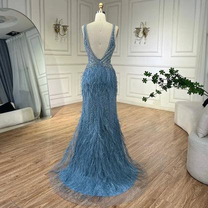 Vestido de noche dorado sexy de sirena con abertura alta, sin espalda, de lujo, con cuentas y plumas, 2025, para mujer, fiesta LA71583 