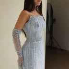 2025 Arabic Blue Mermaid Luxury Evening Gown Strapless With Gloves Beaded Party Dress for Women's Wedding LA71950