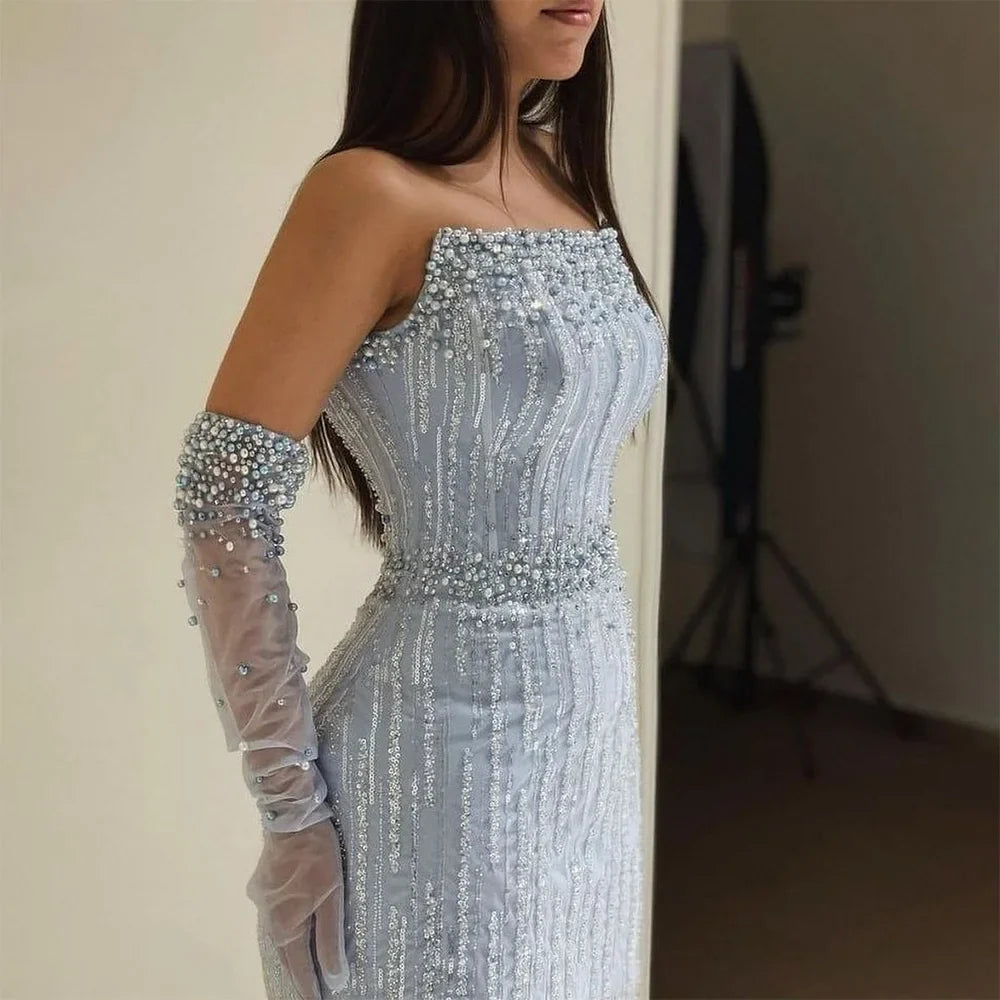2025 Arabic Blue Mermaid Luxury Evening Gown Strapless With Gloves Beaded Party Dress for Women's Wedding LA71950