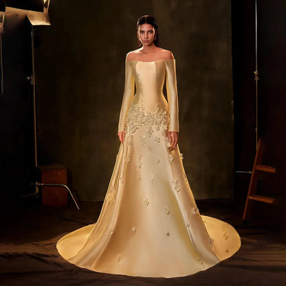 2025  Arabia Yellow A-Line Satin Strapless Appliques Evening Dresses Gowns for Formal Occasion LA72833