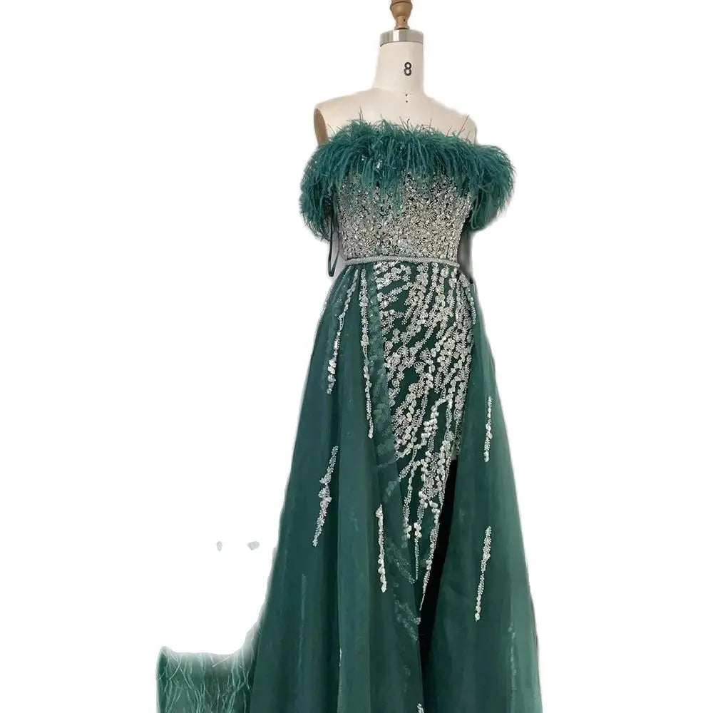 Vestido de noche elegante de sirena con plumas de diamante azul y sobrefalda, 2025, para mujer, boda, fiesta, LA72061 