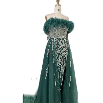 Blau Diamant Feder Meerjungfrau Elegant Mit Überrock Abendkleider Kleider 2025 Für Frauen Hochzeit Party LA72061 