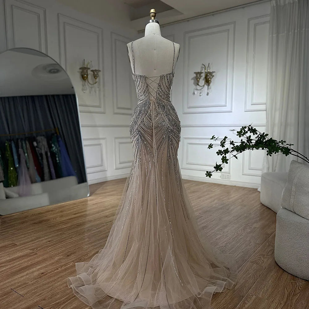 2025 Silver Nude Spaghetti Strap Mermaid Evening Dress Gown with Luxury Beaded Tassels for Formal Occasion LA72772