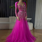 En oferta, sin devolución ni reembolso, vestido de noche árabe sexy fucsia de corte A con mangas largas y cuentas de lujo para mujer, fiesta 2025 LA71810 