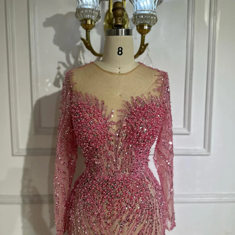 Blau Elegante Meerjungfrau Dubai Arabien Luxus Perlen Perlen Abendkleider Kleider 2025 Für Frauen Hochzeit Party LA72264 