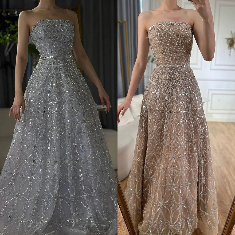 2025 Arabic Gray A Line Elegant Strapless Beaded Long Evening Dresses Gowns for Formal Occasion LA72755