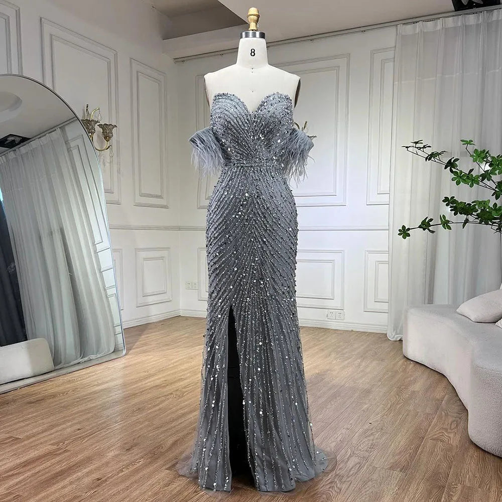 Vestido de noche verde sirena con abertura alta y tirantes finos, con plumas y cuentas, para mujer, fiesta LA72238 