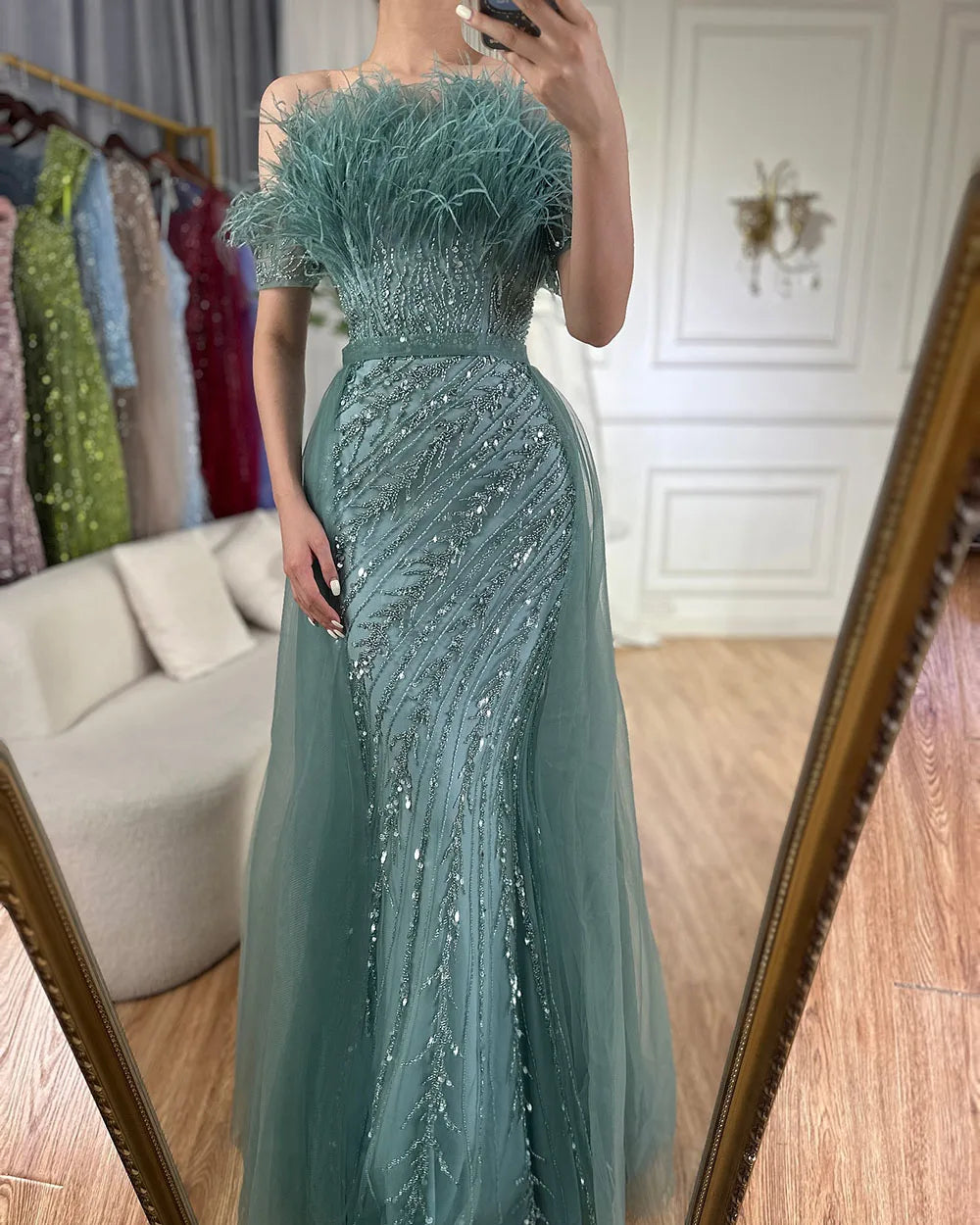 Vestido de noche elegante de sirena color caramelo con cuentas de Arabia Saudita 2025, con sobrefalda para ocasiones formales LA71634A 