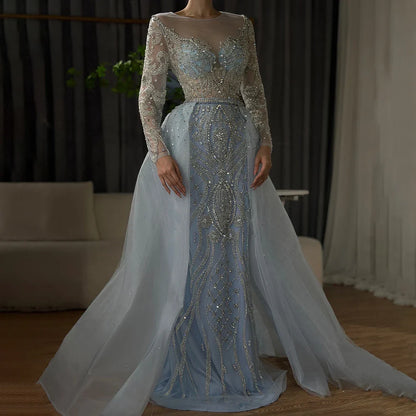 Vestidos de noche musulmanes de lujo color piel, estilo sirena, 2025, con sobrefalda de cuentas, elegantes para mujer, para fiesta, LA71597 