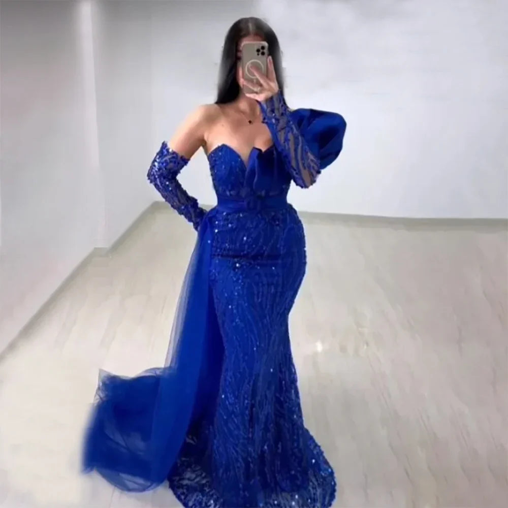 Vestidos de noche de lujo estilo sirena azul real árabe con cuentas, estilo Dubái, elegantes para mujer, para bodas y fiestas, LA72222 