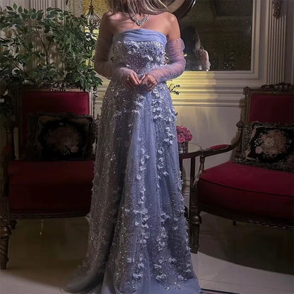 Elegantes Pfirsich 3D Blumen Abendkleid mit Handschuhen Arabische Frauen Hochzeit Party LA72912 