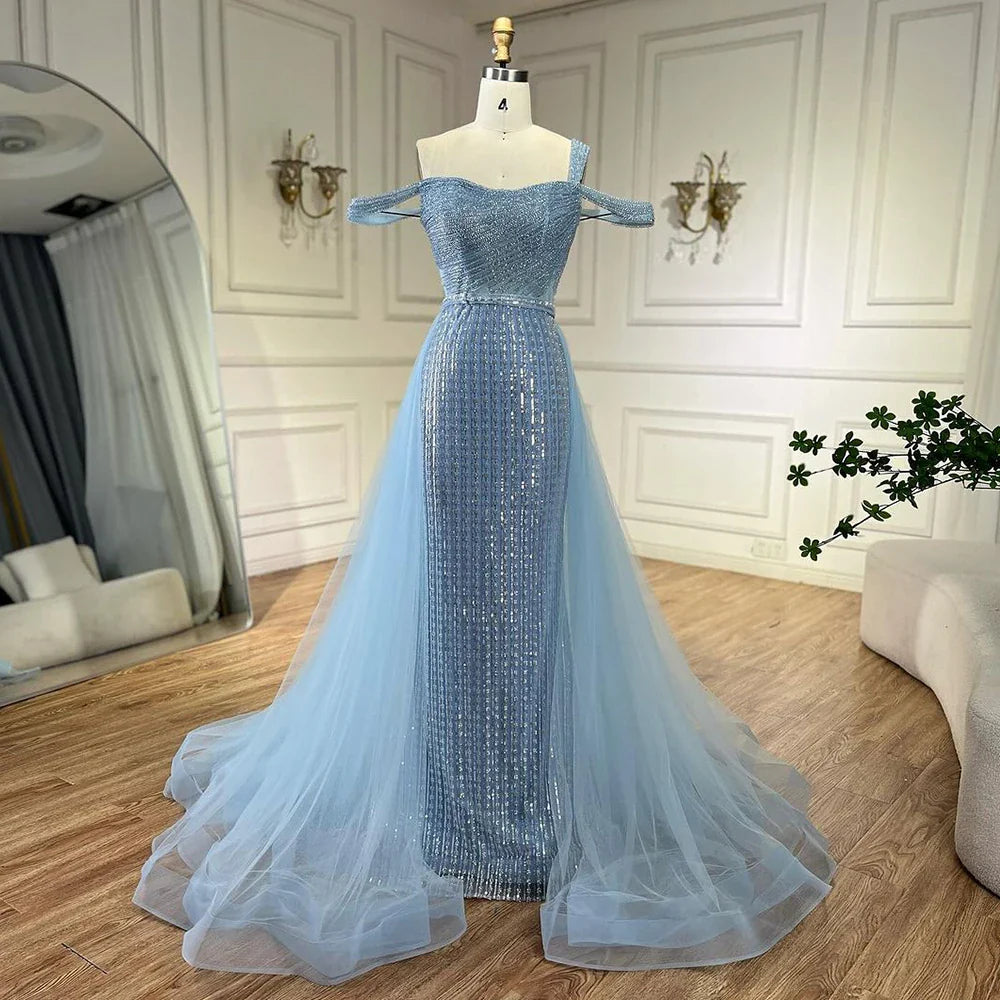 Gold Meerjungfrau Elegant Eine Schulter Überrock Perlen Luxus Abendkleider Kleider 2025 Für Frauen Hochzeit Party LA72453 