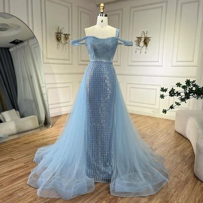Elegante vestido de noche de sirena dorado con un hombro al descubierto y cuentas, de lujo, para mujer, boda, fiesta, LA72453 