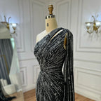 Vestido de noche negro saudí de corte sirena con abertura alta, un hombro y cuentas, para ocasiones formales, LA72829 