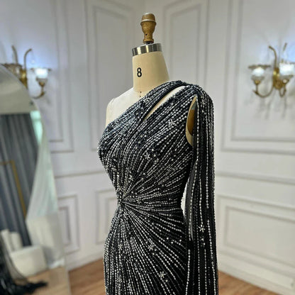 2025 Saudi Black High Split Mermaid One Shoulder Beaded Evening Dresses Gowns for Formal Occasion LA72829