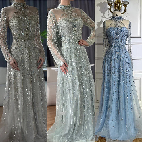Vestido de noche de lujo con encaje azul y cuentas, corte A árabe, para mujer, para fiesta, Dubái, LA72704, 2025 