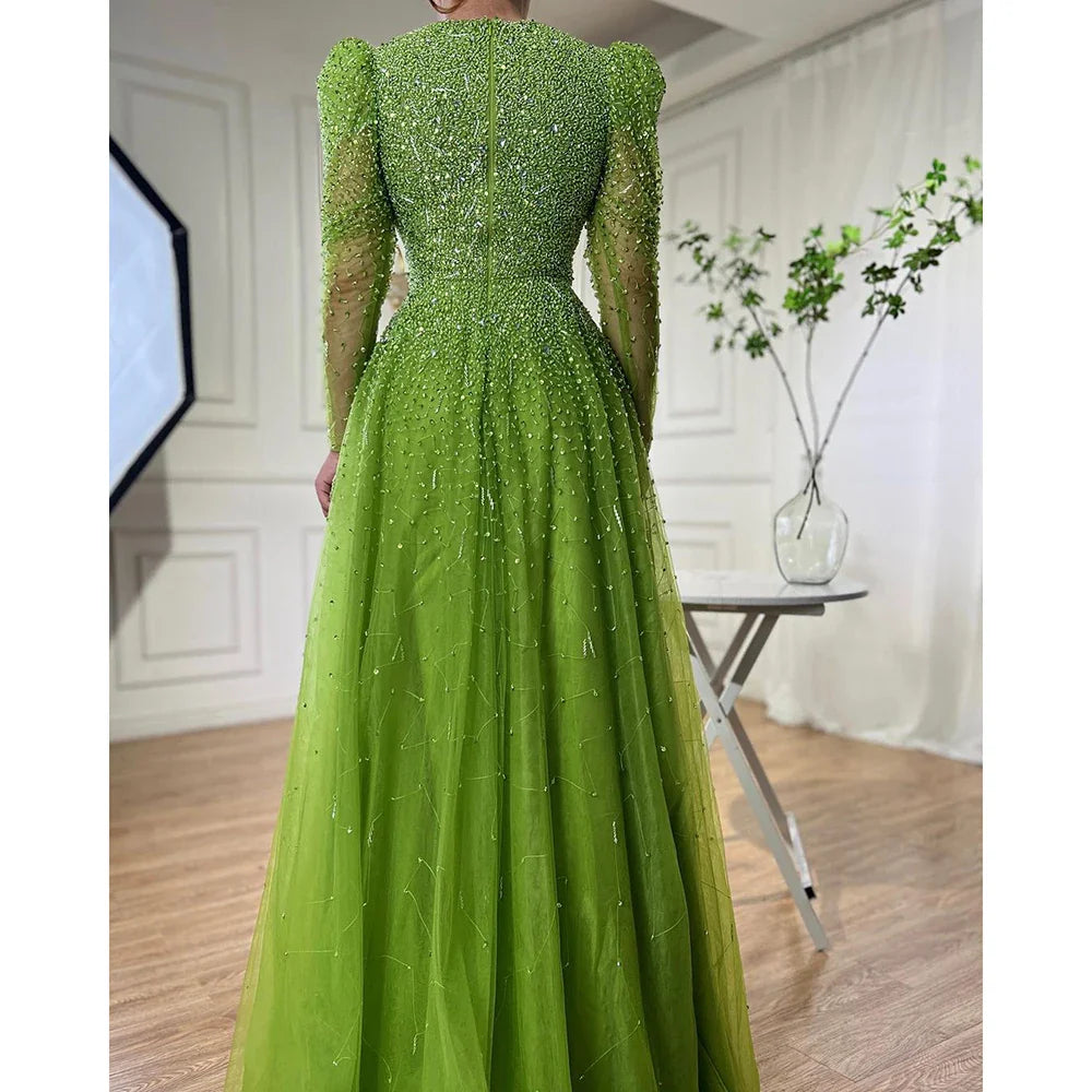 Grünes Meerjungfrauen-Abendkleid mit Perlenbesatz und Rockärmeln LA71762 