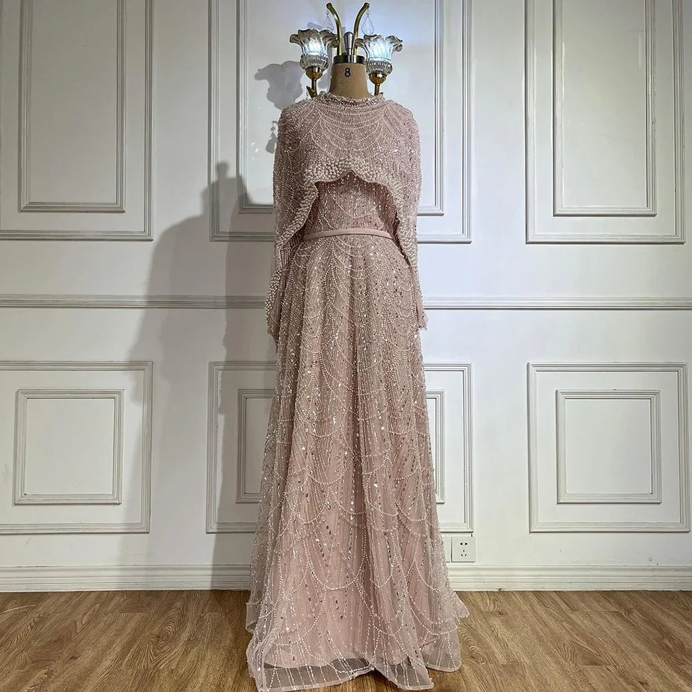 Hijab Muslim Nude A Line Long Cape Hijab Luxury Dubai Evening Dresses Gowns 2025 For Women Wedding Party LA72032B