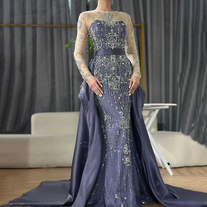 Luxuriöses, perlenbesetztes, blaues Abendkleid mit langen Ärmeln und Überrock LA72757