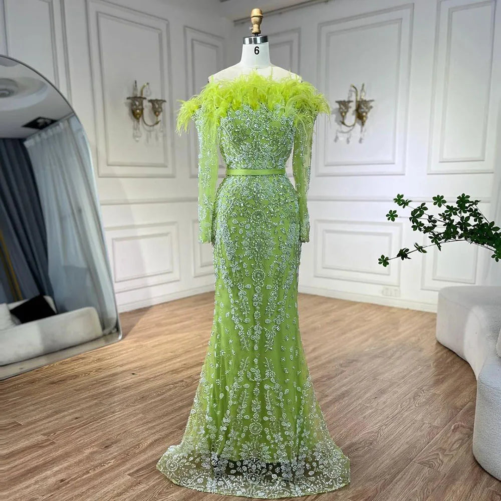 Luxus Dubai Grün Boot-ausschnitt Meerjungfrau Elegante Federn Perlen Abendkleider Kleider Für Frau Hochzeit Party LA72553 