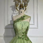 2025 Sage Green Elegant One-Shoulder A-Line Appliques Long Arabic Evening Gown for Formal Occasion LA72783
