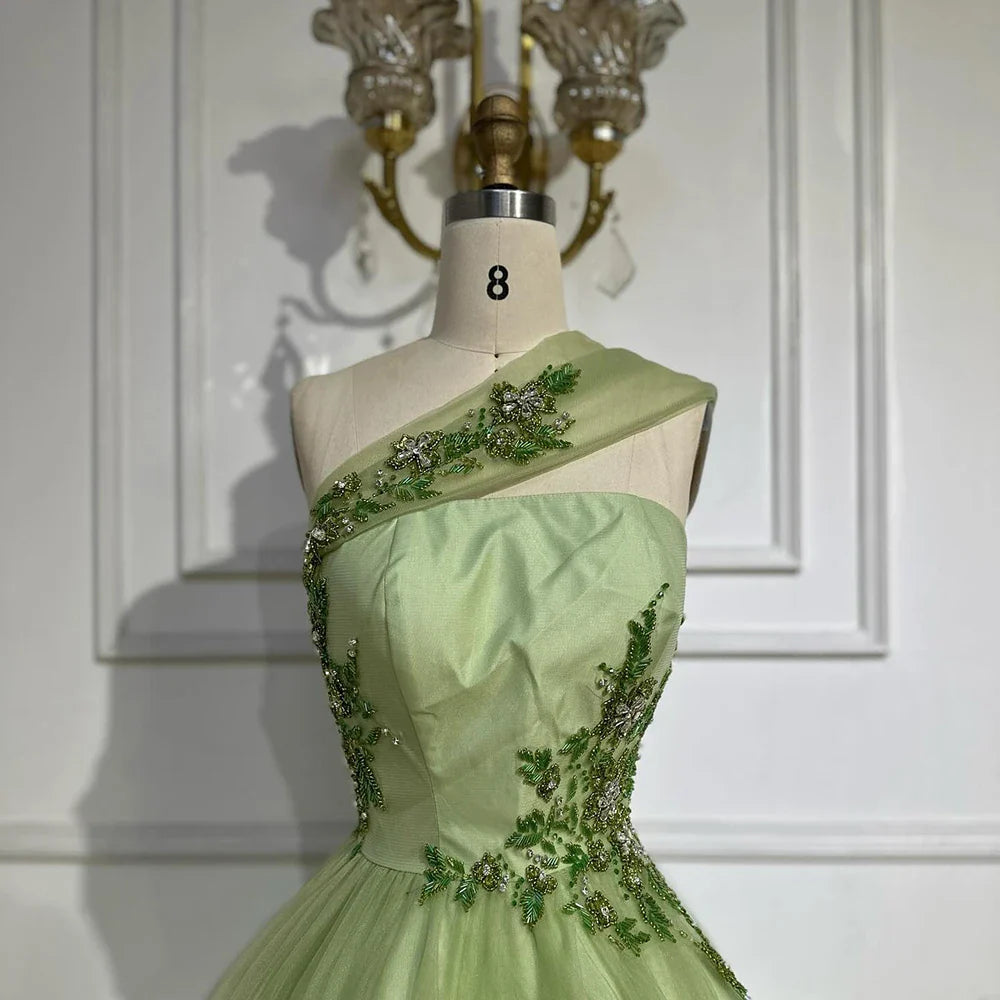 2025 Sage Green Elegant One-Shoulder A-Line Appliques Long Arabic Evening Gown for Formal Occasion LA72783