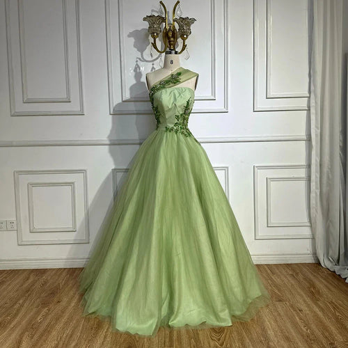 2025 Salbeigrünes, elegantes, einschultriges, A-Linien-Abendkleid mit Applikationen, langes arabisches Abendkleid für formelle Anlässe LA72783 