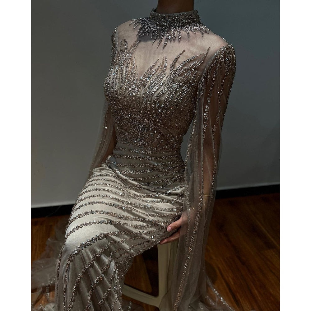 Arabic Caramel Mermaid Sexy Cape Sleeves Lace Beaded Long Evening Dresses Gowns 2025 For Women Wedding Party LA71885