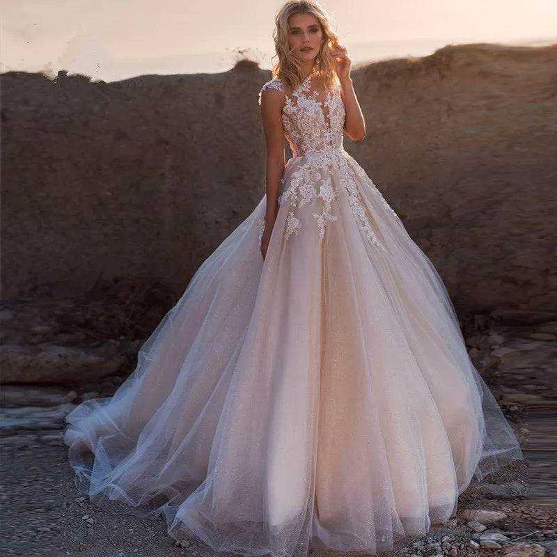 Gorgeous White Tulle O-Neck Sleeveless Decal Luxury Pearl Embroidery Button A-line Floor-Length Bridal Ball Dress-payinti
