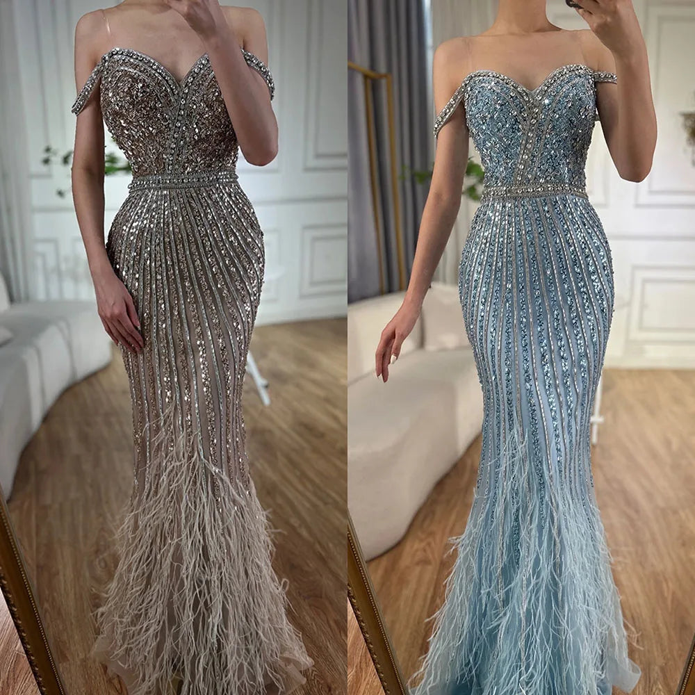 2025 Caramel Spaghetti Strap Mermaid Gown Feathers Beaded Luxury Saudi Evening Dress for Formal Occasion LA72715