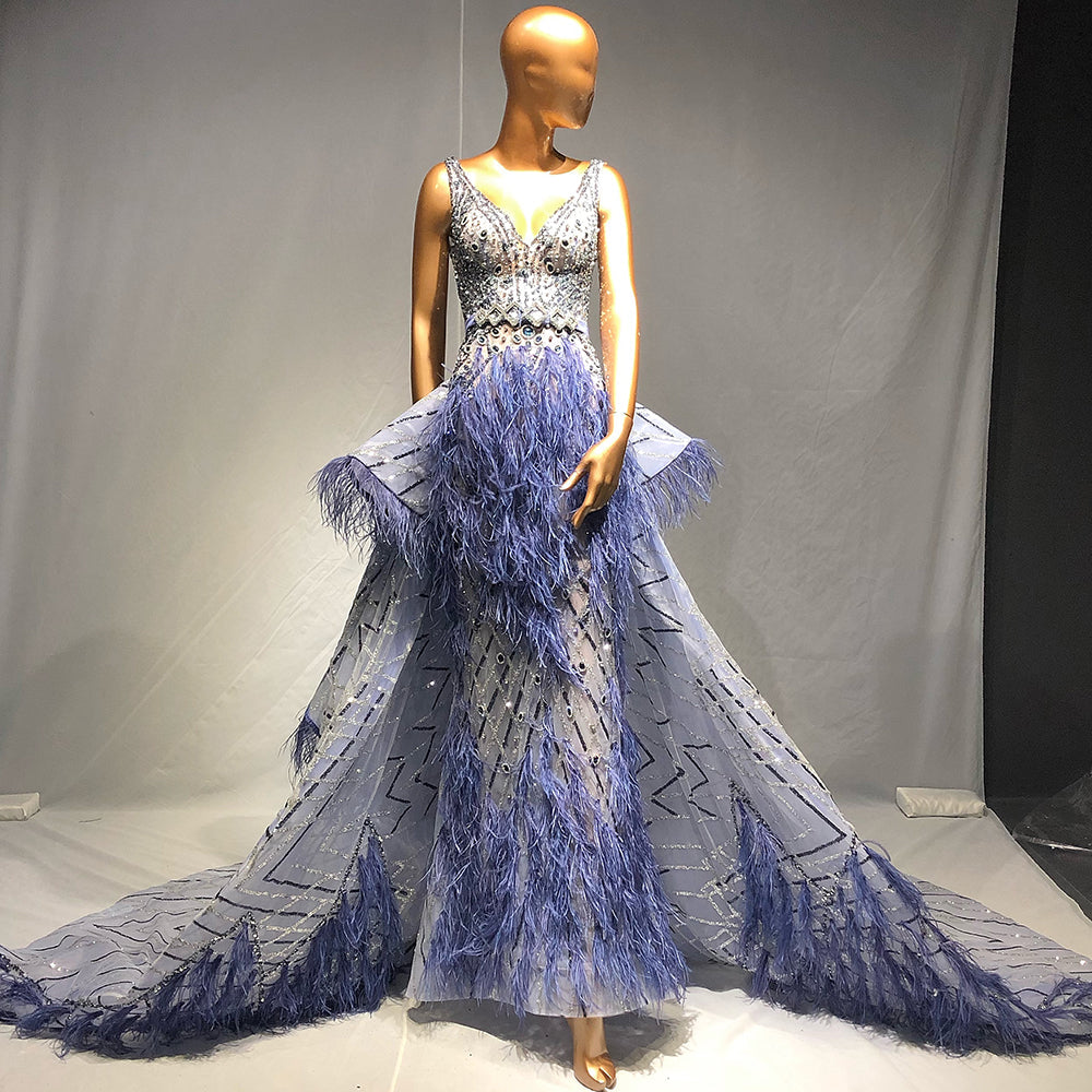 Vestidos de noche con plumas y cuentas azules, estilo sirena, de lujo, elegantes, para mujer, para fiesta de boda, LA71586 