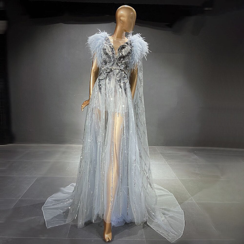 Silver Cape Sleeves Evening Dresses Gowns 2025 Beaded Feather A-Line Luxury For Women Party LA71546